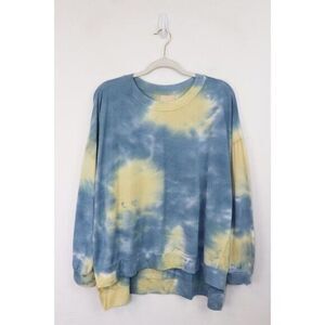 Found  Sweatshirt L Blue‎ Yellow Women's Crewneck Pullover Moon Tie Dye Cozy EUC
